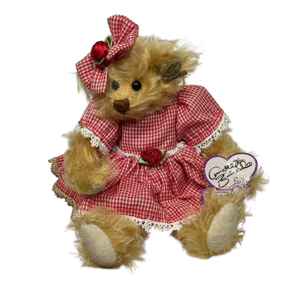 Annette Funicello Bear Co Plush Mohair Bear Red White Gingham Dress & Pin Vtg